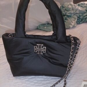 Tory Burch Black Quilted Nylon Mini Tote with Silver Chain Strap and Logo